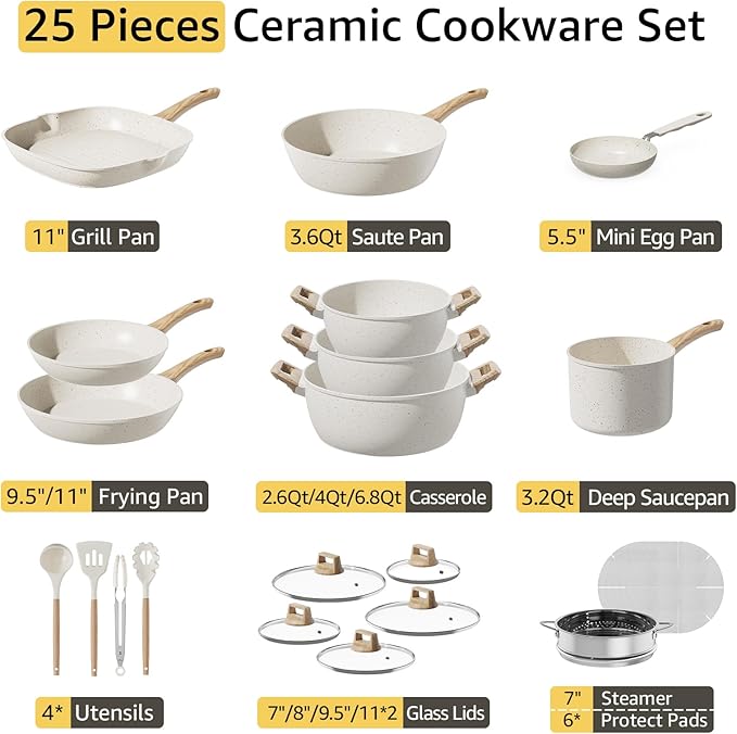 25Pcs Pots and Pans Set Non Stick, Ceramic Cookware with Titanium-Reinforced Nonstick Coating, PFAS-Free & Induction Ready, Long-Lasting Performance, Full Kitchen Set with 3 Casseroles - Image 7