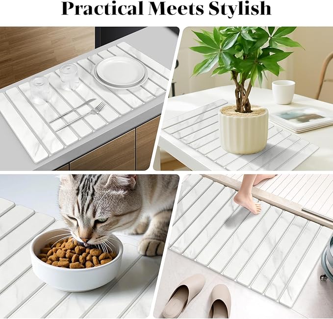 2 PCS Extra Large Stone Dish Drying Mats for Kitchen Counter, 28"(L)×16"(W) Marble-Pattern Dish Drying Mat with 8"x 4" Coasters, Eco-Friendly Diatomite Dish Drying Mat - Fits All Countertops - Image 7