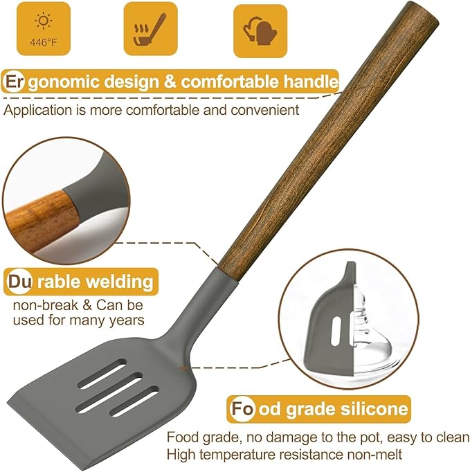Umite Chef Silicone Cooking Utensil Set, 8-Piece Kitchen Utensils Set with Natural Acacia Wooden Handles,Food-Grade-Silicone Kitchen Gadgets and Spatula Set for Nonstick Cookware - Grey - Image 7