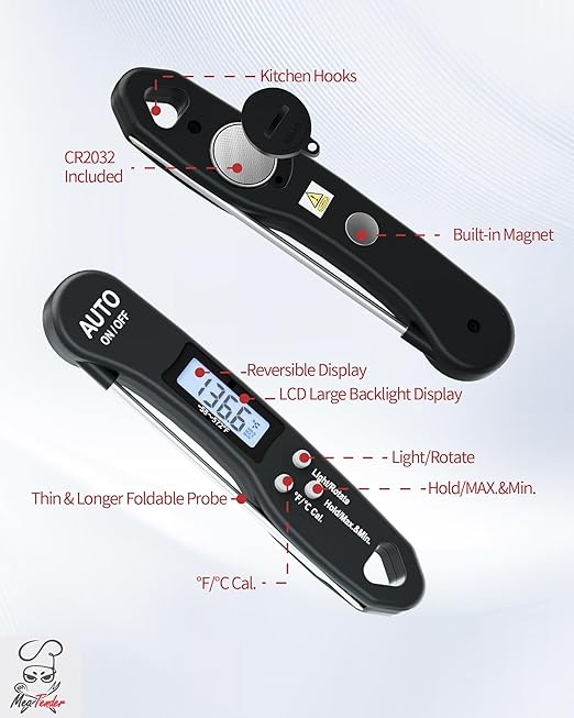 Instant Read Meat Thermometer, 1.2s Fast Read, ±1°F Accuracy, -58°F to 572°F, 4.4" Foldable Probe, 0 °C Calibration, Min/Max (Session), Auto-Rotating Backlit Display, °F/°C, Magnetic Back, Auto-Off - Image 9