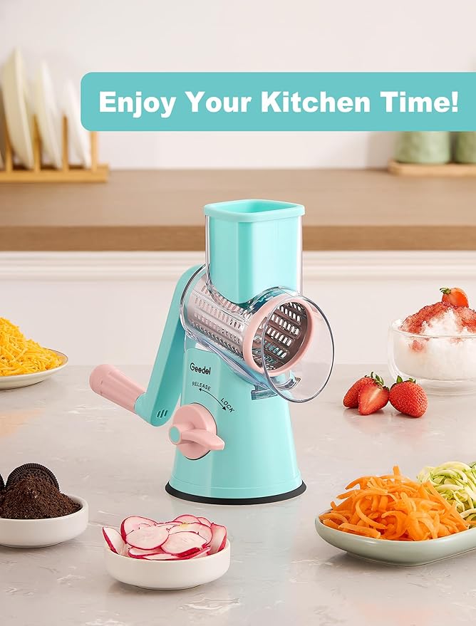 Geedel Rotary Cheese Grater Cheese Shredder - Upgraded 5-in-1 Cheese Grater with Handle and Strong Suction Base, Multi-purpose Vegetable Slicer Ice Shaver Nuts Grinder for Ice, Vegetables, Fruit, Nuts - Image 8