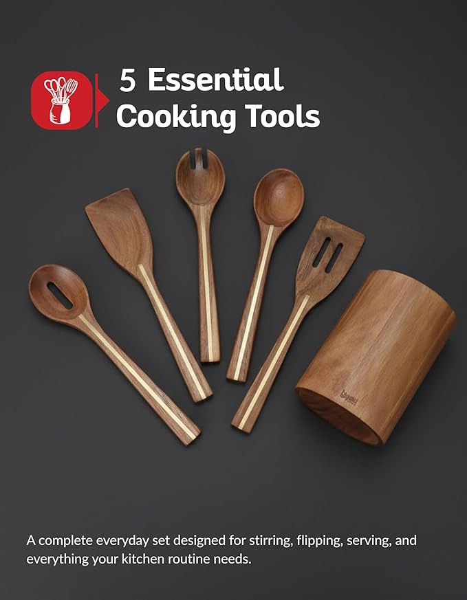 Acacia Utensil Set of 5 with Holder – Premium Wooden Cooking Utensils, Eco Friendly Acacia Wood Spatula & Spoon Set, Nonstick Safe Kitchen Tools - Image 7