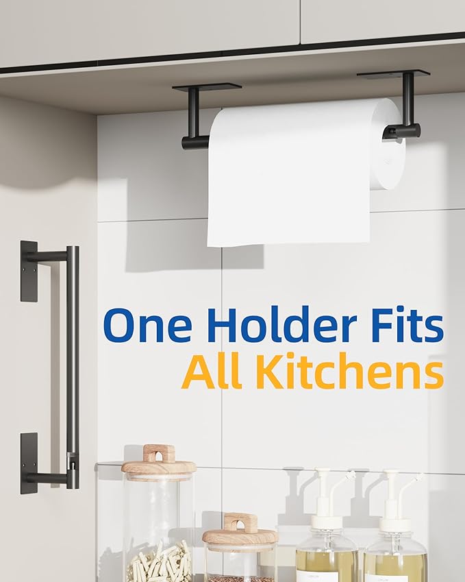 RUACQ Paper Towel Holder Under Cabinet, Wall Mounted or Adhesive Stainless Steel Paper Towel Holder,Square Base Paper Towel Rack for Kitchen, RV, Bathroom (Matte Black)