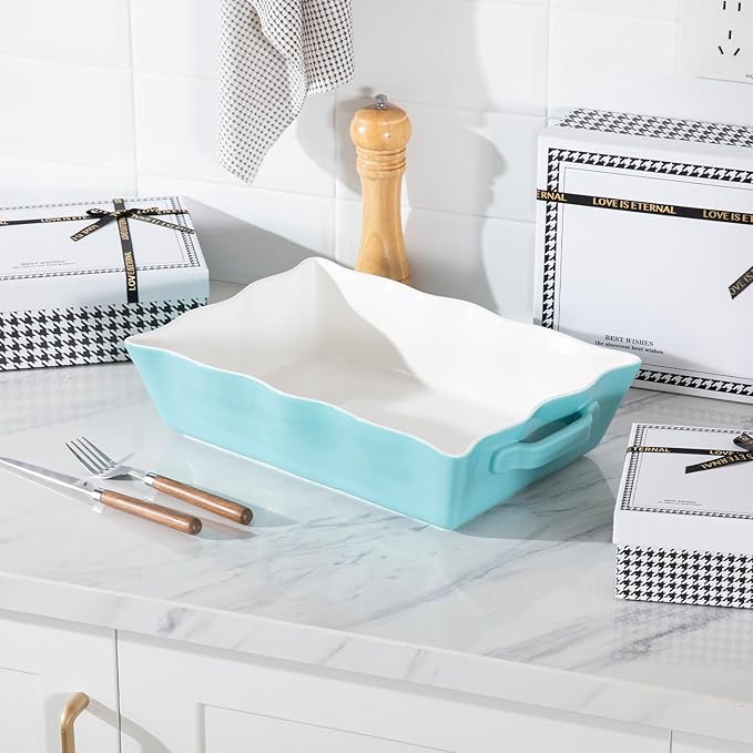 Sweejar Casserole Dishes for Oven, Ceramic 9x13 Baking Dish, Wave Edge Bakeware with Handles, Large Rectangular Lasagna Pan Deep for Roasting, Baking, Cooking, Banquet and Daily Use (Turquoise) - Image 6