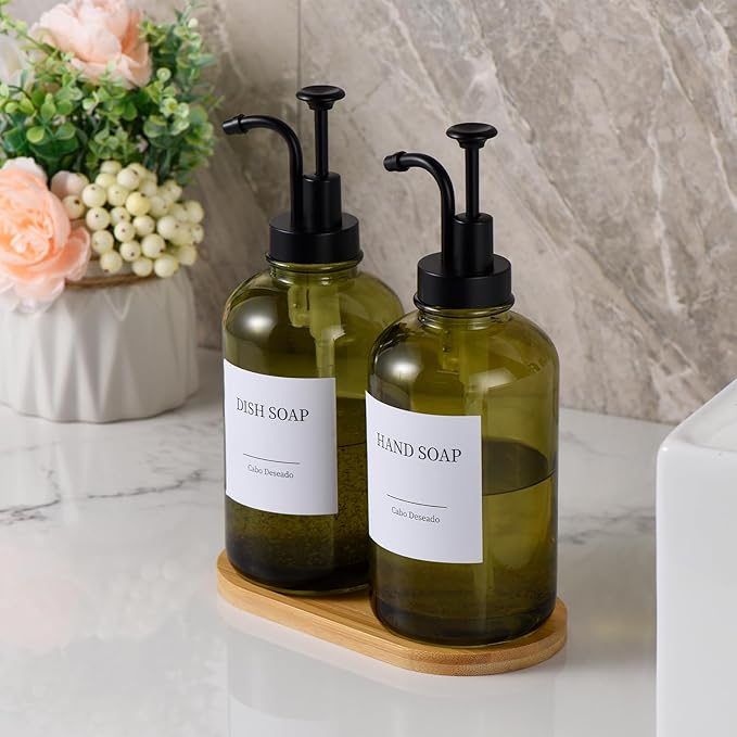 Glass Soap Dispenser with Pump, Dish and Hand Soap Dispenser for Kitchen Bathroom Set, Clear Glass Dispenser Set of 2 Pack with 18 Stickers Funnel Bamboo Tray 500ml 18oz Green - Image 8