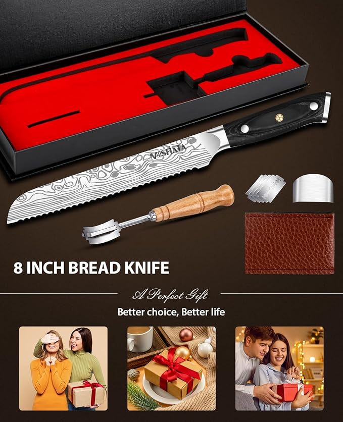 MOSFiATA Bread Knife 8” Ultra Sharp Serrated Knife, German High Carbon Stainless Steel EN1.4116 Bread Slicer with Bread Lame, Micarta Handle, For Bread, Cake, Bagels - Image 8
