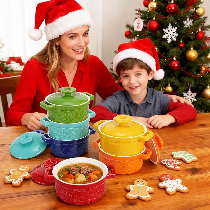 Hacaroa Set of 6 Mini Cocotte with Lid, 8 Oz Ceramic Ramekins with Handles, Small Casserole Dishes Individual Serving Pot for Baking, Soufflé, Soup, Cobbler, Oven Safe, 6 Colors