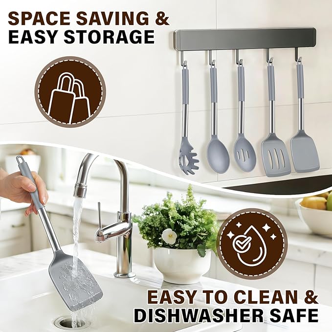 5Pcs Silicone Cooking Utensils Set, Heat Resistant Kitchen Tools Include Solid&Slotted Spatula, Cooking Spoon and Pasta Server, Silicone Kitchen Utensils set for Nonstick Cookware Flipping, Gray - Image 7