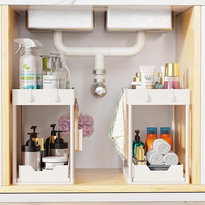 Simple Trending Under Sink Organizer 2 Pack, Sink Pull-Out Sliding Storage Cabinet, 2-Tier Under Shelf Organizer for Kitchen Bathroom, White - Image 7
