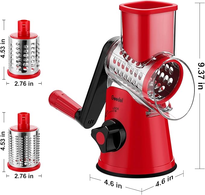 Geedel Rotary Cheese Grater, Kitchen Mandoline Vegetable Slicer with 2 Interchangeable Blades, Easy to Clean Rotary Grater Slicer for Fruit, Vegetables, Nuts - Image 8