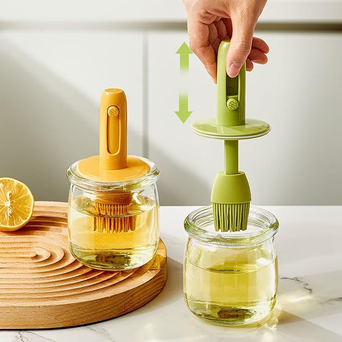 Retractable Oil Brush Dispenser, 2-in-1 Glass Olive Oil Bottle with Silicone Basting Brush — Adjustable Telescopic Design for Cooking, BBQ, and Baking (White/Green/Yellow) (YELLOW)