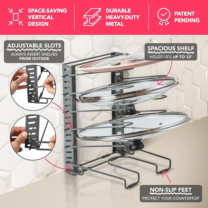 Free-Standing Adjustable Pot Lid Organizer for Cabinet - Kitchen Storage Rack 6 Adjustable Shelves, Pot Lid Holder, Pan and Pot Rack Organizer, Pantry & Inside Cabinet Organizer (13” Clearance) - Image 7