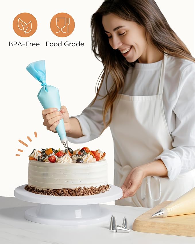 Kootek 71PCs Cake Decorating Kit, Baking Supplies Tools - Includes Cake Stand Turntable, 12 Icing Piping Tips Set, 2 Frosting Spatulas, 3 Scrapers, 50+2 Piping Bags, Coupler, Video Tutorial, Booklet - Image 7