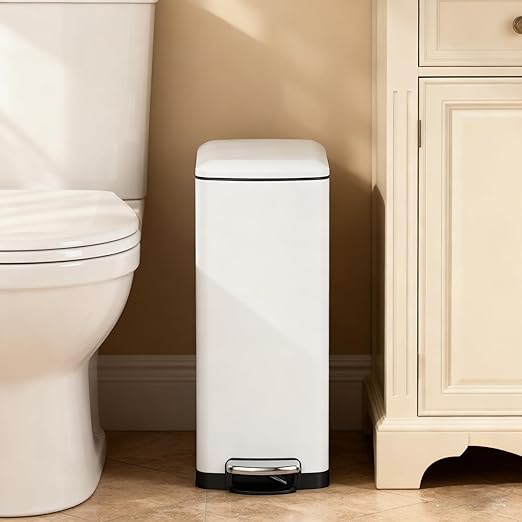 Garvee Slim Kitchen Trash Can 8 Gal, Skinny Stainless Steel Garbage Can with Removable Inner Bucket & Soft Close Lid, Narrow Trash Bin for Bathroom Living Room Office, White