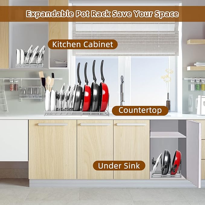ROOHUA Pot Rack Organizer -Expandable Pot and Pan Organizer for Cabinet,Pot Lid Organizer Holder with 10 Adjustable Compartment for Kitchen Cabinet Cookware Baking Frying Rack Grey - Image 6