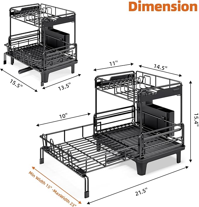 Urackify Dish Drying Rack - Extendable Dish Drainer, Large Dish Rack for Kitchen Counter, Rustproof Dish Strainer with Utensil Holder and Cups Holder, 2 Tier Black - Image 8