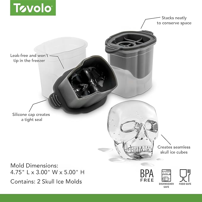 Tovolo Skull Ice Cube Mold Pack of 2 Craft Ice Molds for Whiskey Bourbon Cocktails, Easy Fill No Leak Silicone Skeleton Skull Shaped Ice Cube Gifts for Men, Dishwasher Safe BPA Free Large Skull Mold - Image 6