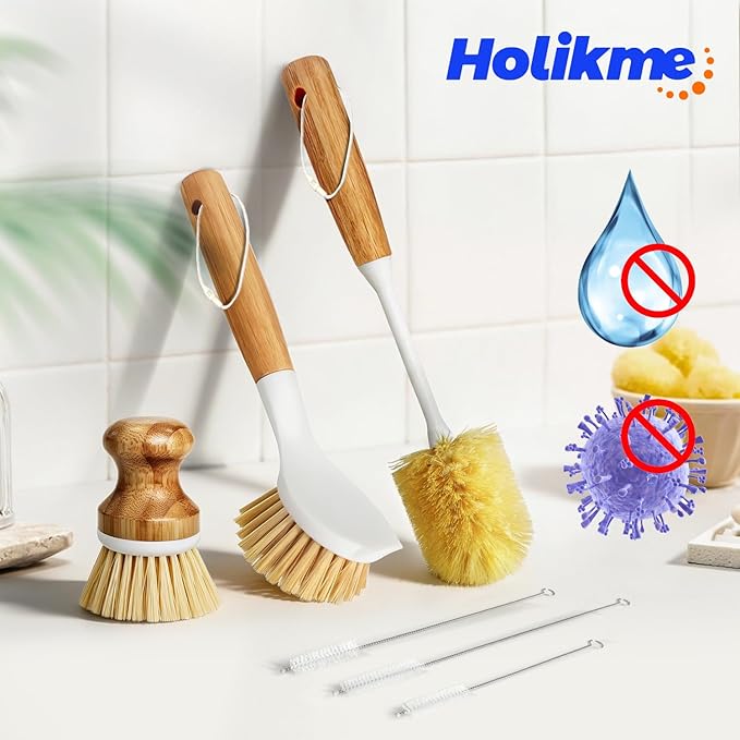 Holikme 6 Pack Dish Brush Kitchen Brushes Set with Vegetable Palm Brush, Bottle Brush, Dish Brush and Straw Brush, Fruit Cleaning Brushes for Cleaning Potato, Amarillo - Image 6