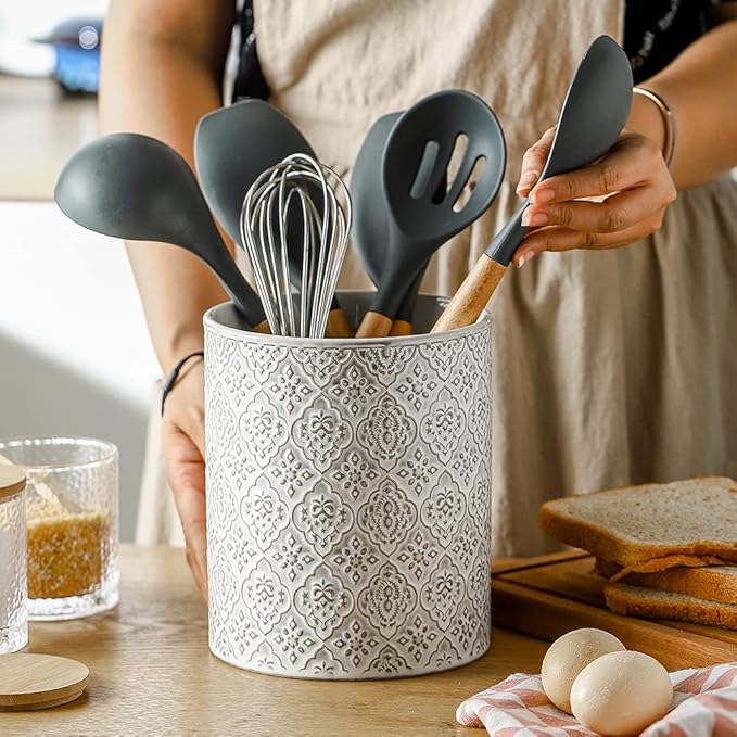 KOOV Kitchen Utensil Holder, Large Utensil Holders for Countertop, 6 x 7 Inches Ceramic Utensil Crock, Deep and Stable, Cooking Utensil Holder, Embossed Pattern, White - Image 7