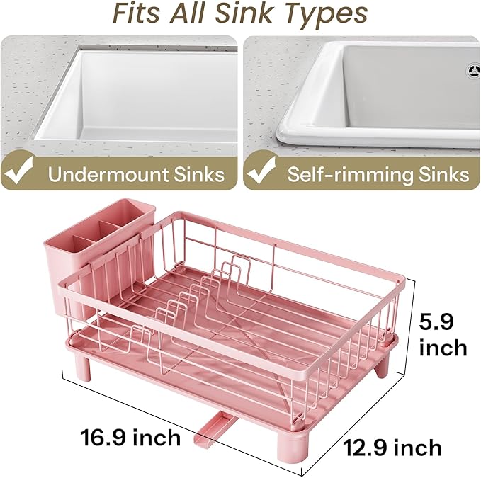 SNTD Dish Drying Rack - Small Dish Rack for Kitchen Counter, Stainless Steel Dish Drainer with Utensil Holder and Drainboard, 12.9" W x 16.9" L (Pink) - Image 2