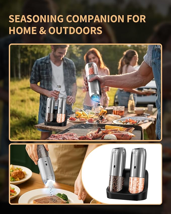 Gravity Electric Salt and Pepper Grinder Set with Rechargeable Base, 2-Speed Grinding Control Stainless Steel Pepper Mill Set with Adjustable Coarseness, LED Light & 176ml Large Capacity - Image 7