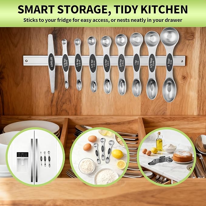 Magnetic Measuring Spoons Set Stainless Steel with Leveler, Dual-Sided Metal Measuring Spoons for Baking & Cooking, Fits in Spice Jars, Must-have Kitchen Gadgets, 8 Measuring Spoons & 1 Leveler, Black - Image 9
