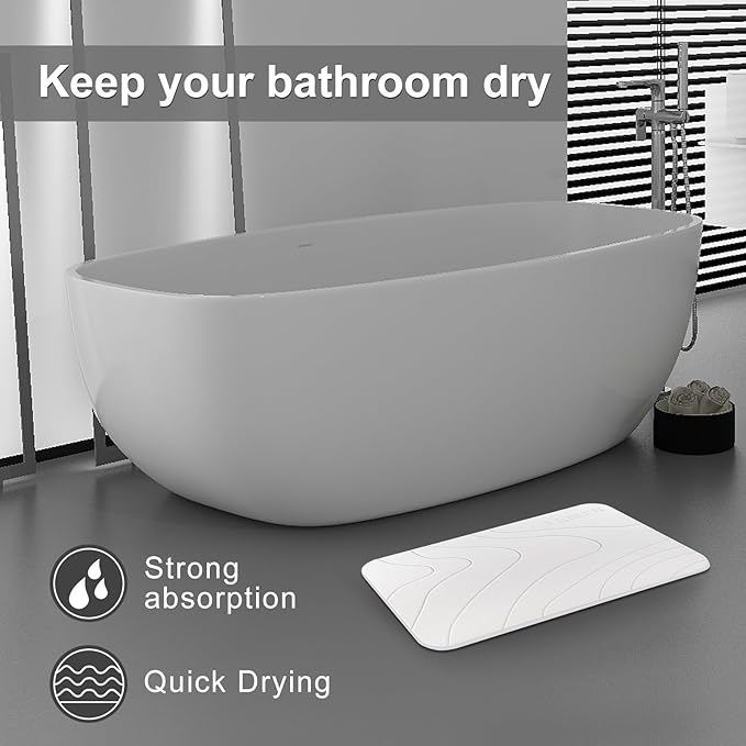 JUERLEN 2 Pack Diatomaceous Earth Shower Mat, Stone Bath Mat, Nonslip Super Absorbent Fast-Drying Hard Bath Mat for Bathroom Shower Floor, 24 x 16 inch, White Wave Design
