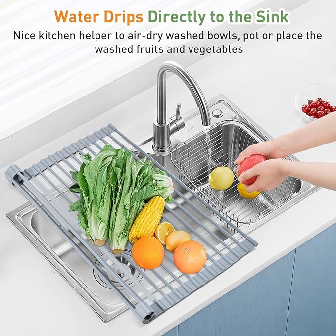 MERRYBOX Roll Up Dish Drying Rack, Over The Sink Dish Rack Foldable, Heat-Resistant, Anti-Slip Silicone Coated Steel Dish Drainer for Kitchen Sink, Multipurpose Roll Up Sink Drying Rack, 17.5" x 13" - Image 9