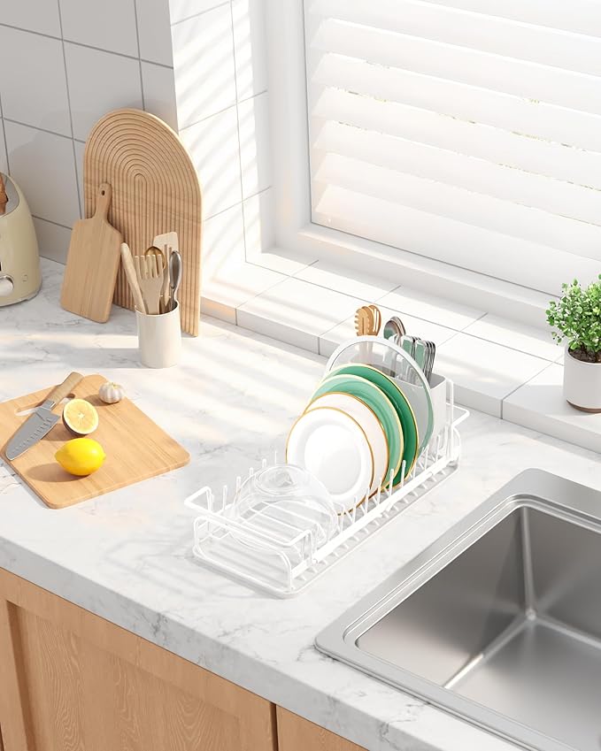 Kitsure Dish Drying Rack - Expandable Dish Rack for Kitchen Counter, Over Sink Or in Sink, Space-Saving Plates Dryer with Cutlery Holder & Drip Tray, 14.0"-20.9" L x 6.3" W x 8.0" H, White - Image 3