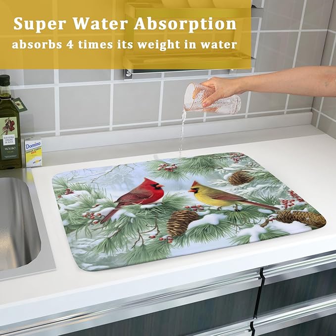 Winter Dish Drying Mat for Kitchen Counter Cardinal Birds Pine Trees Festival Microfiber Absorbent Dish Draining Reusable Washable Foldable Extra Large 18"x24" - Image 7