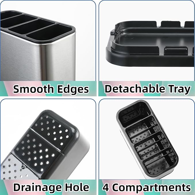 LIBODOUR Utensil Holder,Stainless Steel Caddy Counter,Spoon holder,4 Compartments Silverware Caddy,Capacity Flatware Spoon Fork Tool Cutlery Holder(Silvery) - Image 6