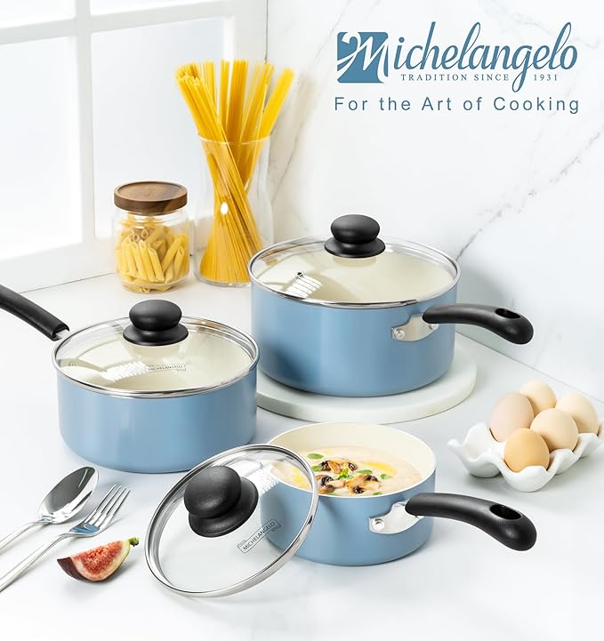 MICHELANGELO Nonstick Sauce Pan with Lid, Ceramic Saucepan Set, Non Toxic Small Saucepans Sets with Stay-Cool Handle, Induction Pots For Cooking, PTFE & PFOA Free - 1Qt & 2Qt & 3Qt, Blue - Image 7