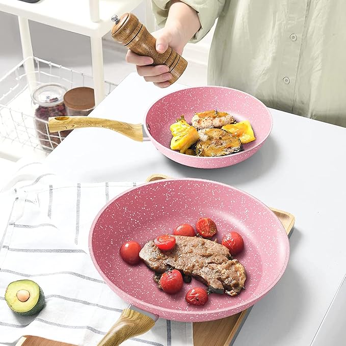 Frying Pan Nonstick Set, 8" & 9.5" & 11" Pink Egg Pan, Non Stick Fry Pan Set PFOA-Free Omelet Pan, Toxin-Free Skillets Stone Cookware, Anti-Warp Base with All Stove Tops Available,Induction Compatible - Image 8