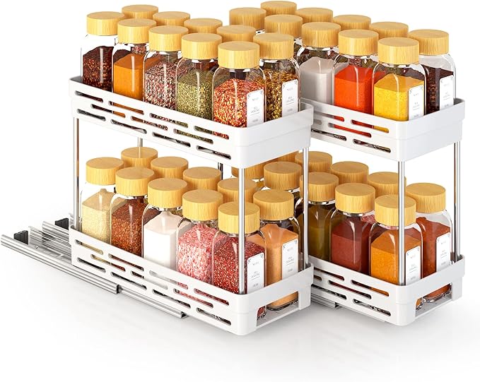 Pull Out Spice Rack Organizer for Cabinet, 2 Pack Slide Out Spice Racks Organizer, Spice Cabinet Organizers, Cabinet Size Need:12'' Highx11'' Deepx5'' Wide,Hold 10 Spice Jar Each Tier-2Tier, White - Image 9