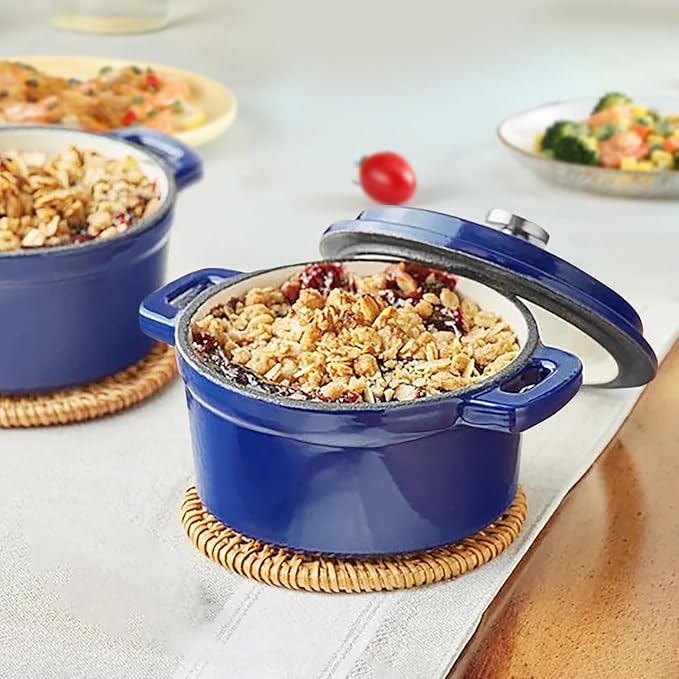 Flavehc Mini Cocotte 16 oz Mini Dutch Oven 0.5 qt. Cast Iron Garlic Roaster for Oven Garlic Confit Pot Ramekins with Lids Oven Safe Set of 2, Blue