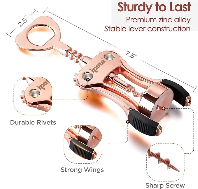IPOW Wine Opener, Zinc Alloy Wine Bottle Opener, Wing Corkscrew Heavy Duty, Manual Multifunctional Cork Screw for Waiter,Rose Gold - Image 6