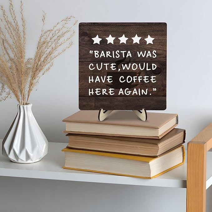 Coffee Bar Sign Plaque Decor,Coffee Bar Accessories,Rustic Wooden Tabletop Plaque with Stand, Minimalist Farmhouse Kitchen Counter Sign,Cute Mini Café Bar Decor Gift 5.9x5.9Inch - Image 8