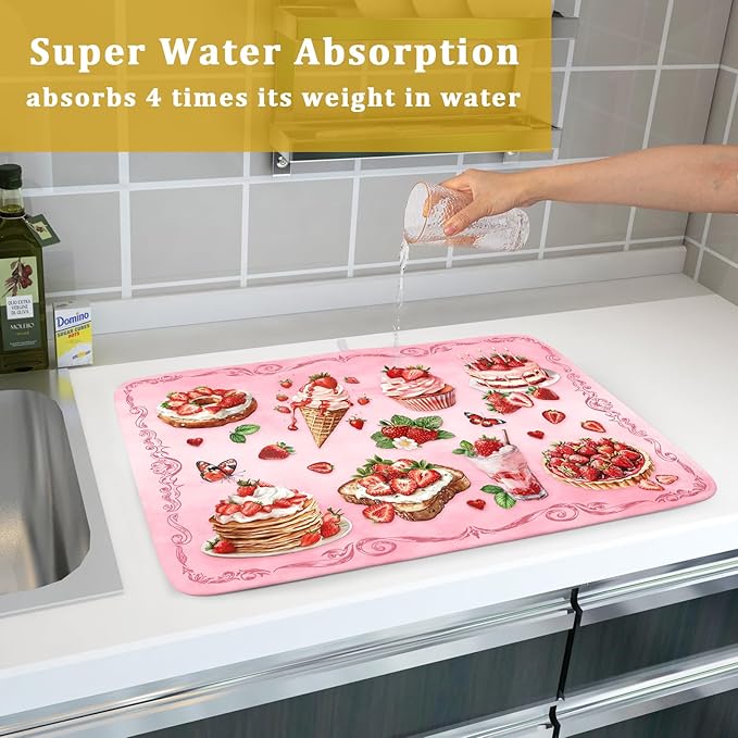 Strawberry Dish Drying Rack Mat Pink Absorbent Microfiber Dish Drying Mat for Kitchen Counter 18x24 In - Image 7