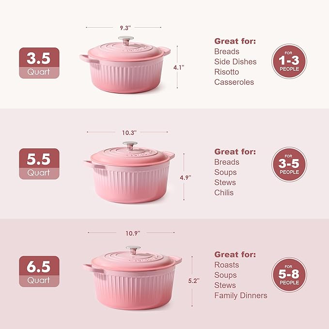 SENSARTE Enameled Cast Iron Dutch Oven Pot with Lid 3.5/5.5/6.5 Quart Heavy-Duty Round Dual Handles Kitchen Pot with Cotton Potholders & Silicone Trivet, Pot for Bread Baking, Stews, Braising, Roasting, Oven Safe, 6.5 Quart, Pink