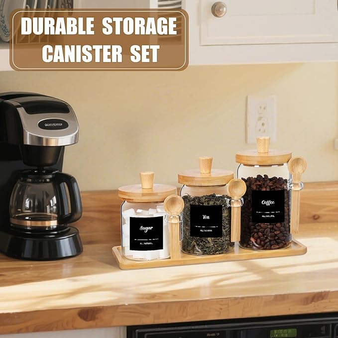 Suclain 3 Pcs Glass Coffee Container with Wooden Lid Spoon Shelf Labels Clear Airtight Jar Food Storage Canister Set for Sugar Spice Coffee Bean Holder Housewarming Gift(13.5,20,25 oz,Natural Bamboo) - Image 6