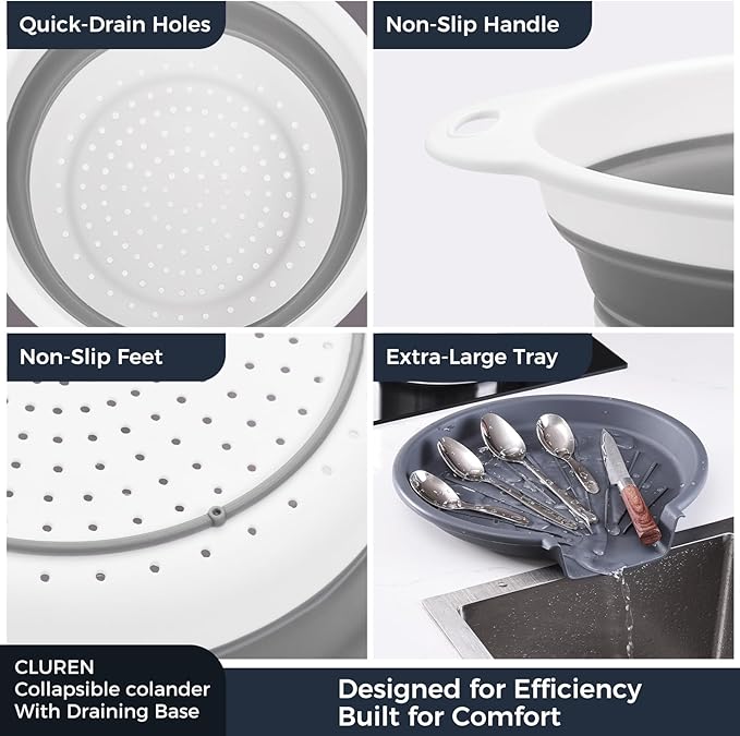Collapsible Colander Set with Oversized Draining Tray | 3-Pack Foldable Kitchen Strainers + Base | Space Saving for Pasta, Veggies, Fruit & Rice | 5 Colors (Gray-White) - Image 6