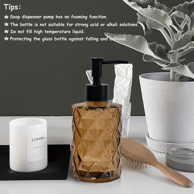 Brown Glass Soap Dispenser with Black Plastic Pump, 12oz Refillable Liquid Hand Soap Dispenser, 2 Pack Crystal Lotion Bottle for Modern Home Decor, Bathroom, Kitchen Countertop, Hotel