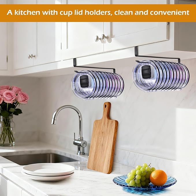 LWGFIO 2Pack Tumbler Lid Organizer, Kitchen Space-Saving Cup Holder, Organizers for Under Cabinet Storage, No Glue or Drilling Required (Black) - Image 7