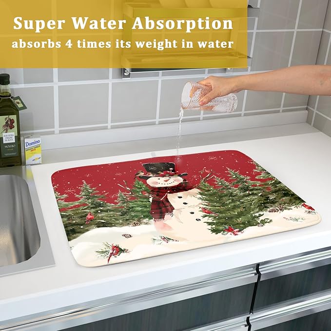 Christmas Snowman Dish Drying Mat for Kitchen Counter 18x24 Inch Watercolor Xmas Tree Bird Print Absorbent Reversible Microfiber Drying Mats Kitchen Countertop Protector Dishes Drainer Rack Pad - Image 7