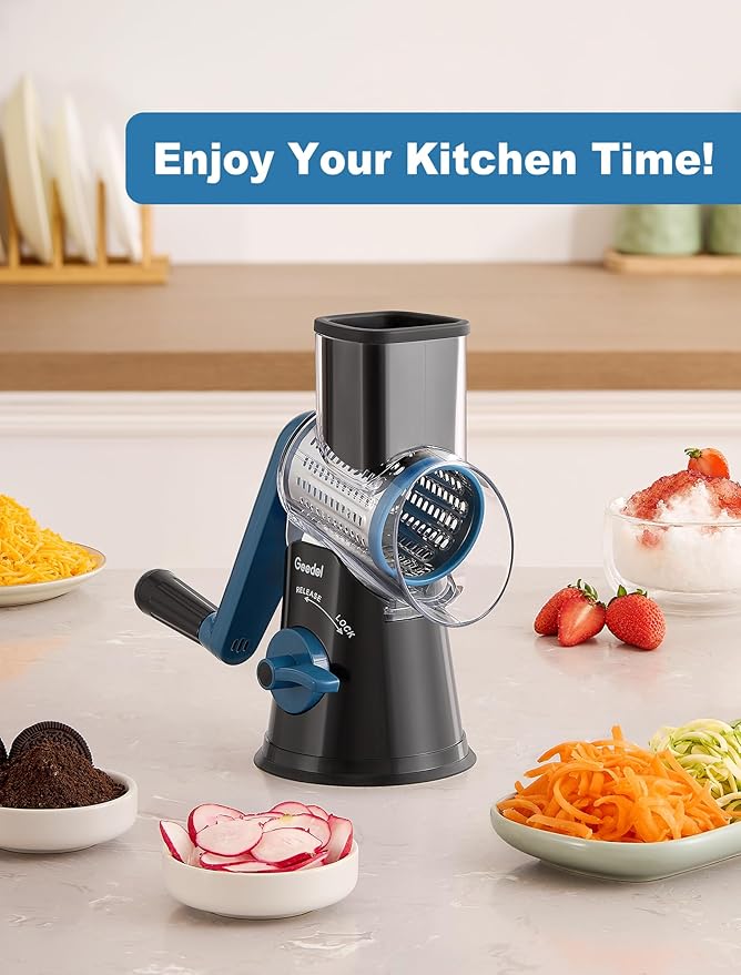 Geedel Rotary Cheese Grater Cheese Shredder - Upgraded 5-in-1 Cheese Grater with Handle and Strong Suction Base, Multi-purpose Vegetable Slicer Ice Shaver Nuts Grinder for Ice, Vegetables, Fruit, Nuts - Image 8