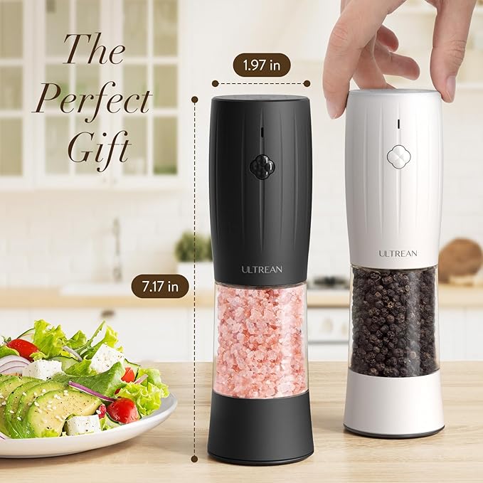 Ultrean Salt and Pepper Grinder Set, USB-C Rechargeable Automatic Pepper Grinder Spice Mill, 6 Adjustable Coarseness LED Light Larger Capacity, Kitchen Gadget, Black & White
