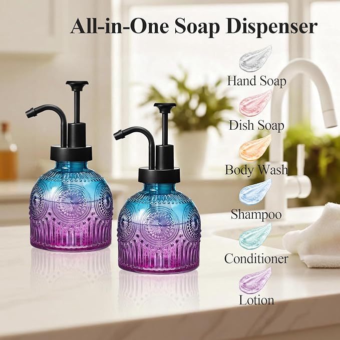 SheeChung Vintage Soap Dispenser, Kitchen Dish Soap Dispensers with Pump Mat, Glass Hand Soap Dispenser for Bathroom, Liquid, Lotion, Refillable, Rustic Farmhouse Decor-Purple Blue (Black Pump, 1 pk)