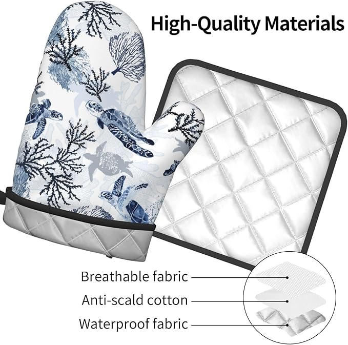 Navy Blue Ocean Sea Turtle Oven Mitts and Pot Holders Sets of 3, Heat Resistant Non-Slip Gift for Cooking Enthusiasts, Coastal Beach Nautical Coral Kitchen Gloves for Baking BBQ Cooking Grilling Decor - Image 9