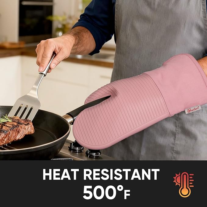 YUTAT Silicone Oven Mitts,High Heat Resistant Up to 500 Degrees,Waterproof Cooking Gloves with Soft Polyester Filling,Kitchen Potholder Set - Perfect for BBQ,Baking and Cooking,Pink,2 Pcs Set - Image 7