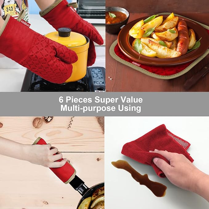 KEGOUU Oven Mitts and Pot Holders 6pcs Set, Kitchen Oven Glove High Heat Resistant 500 Degree Extra Long Oven Mitts and Potholder with Non-Slip Silicone Surface for Cooking (Red) - Image 7
